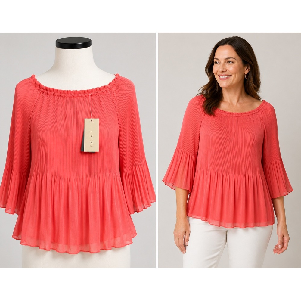 A Diva Pleated Blouse Women L Coral Red Off Shoulder Bell Sleeve Ruffle Top NEW